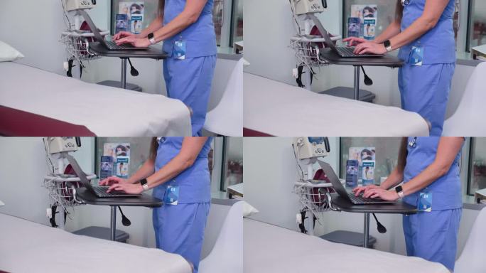 女护士将病人的数据输入笔记本电脑