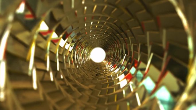一个旋转的金色金属闪闪发光的隧道，它的肋骨和线条形成一个圆形，反射着发光的光线。