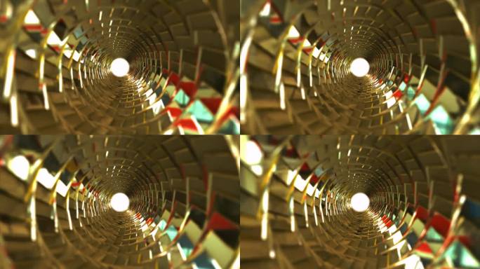 一个旋转的金色金属闪闪发光的隧道，它的肋骨和线条形成一个圆形，反射着发光的光线。