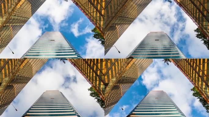 延时建筑摩天大楼与云层之间的反射