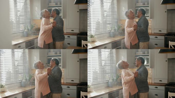 退休，在家和跳舞的老年夫妇与爱在家里，厨房或客厅照顾和支持在一起。幸福老人与乐伴自由，婚姻和睦幸福