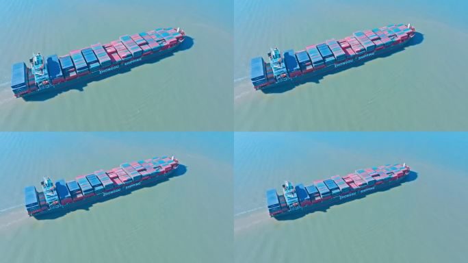 航拍海上巨型货轮航行运输国际贸易