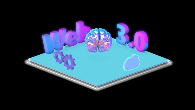 web3.0文字，霓虹效果。新技术的概念。动画齿轮，云和大脑。3 d动画。互联网的概念和新技术。