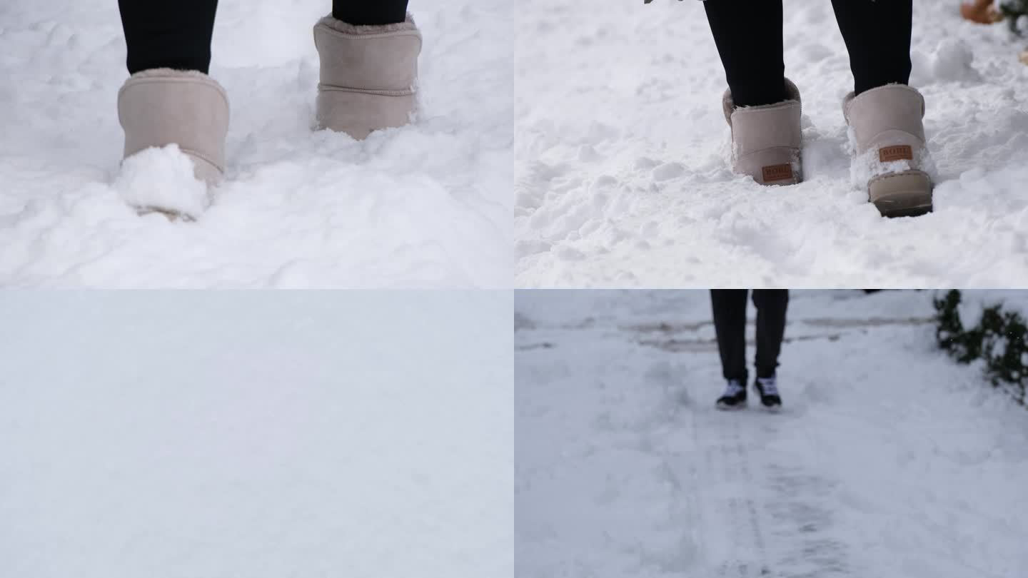 冬季冬天雪地行走脚步步伐踩雪踏雪路人行人