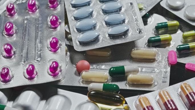 特写镜头的各种各样的药片和药片在药品泡罩包装躺在桌子上