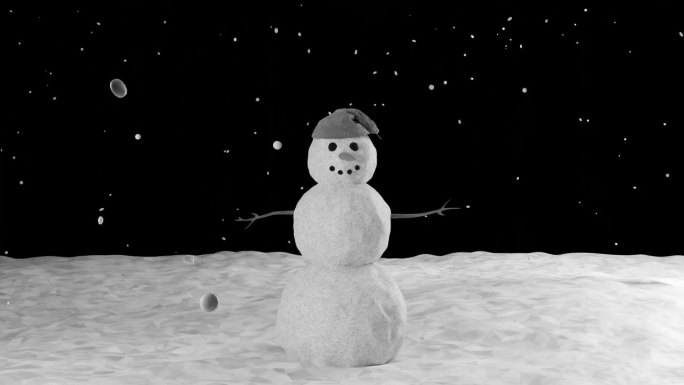 雪人在冬季背景动画与动画降雪无缝循环。冬季黑色背景。循环3d动画。动画雪的概念，雪人，雪的背景。冬天
