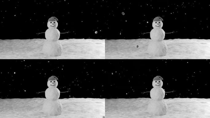 雪人在冬季背景动画与动画降雪无缝循环。冬季黑色背景。循环3d动画。动画雪的概念，雪人，雪的背景。冬天
