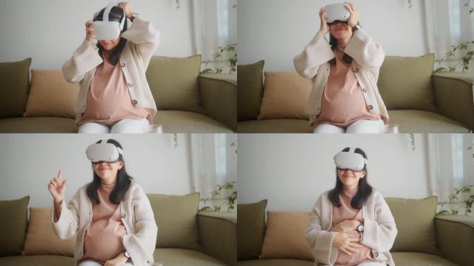 在舒适的客厅里，一位孕妇坐在沙发上，头上戴着VR眼镜。