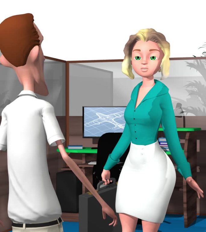 3d动画，两个卡通人物在办公室桌子旁边说话