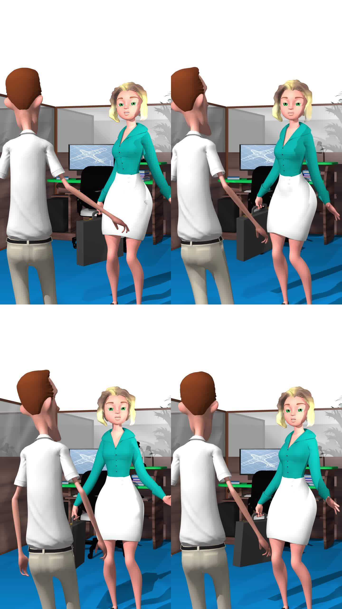 3d动画，两个卡通人物在办公室桌子旁边说话