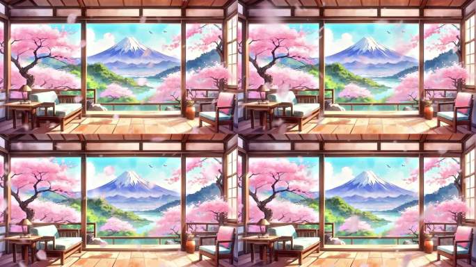 4K卡通室内日系富士山日本樱花飘落背景