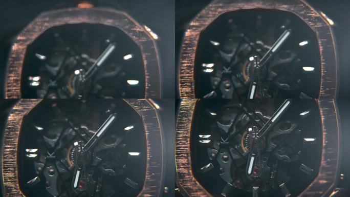 一个机械手表的微距镜头，复古技术，复古机制，八角形金色设计，电影工作室灯光，商业镜头，平滑细节的4K
