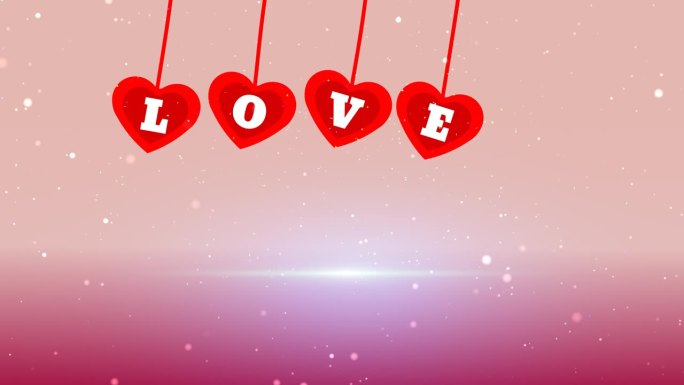 心与文字爱的信件挂在顶部天花板绳与copyspace。生日，情人节，母亲节祝福装饰节日浪漫背景动画。