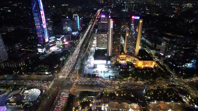 广东东莞鸿福路夜景拥堵交通航拍