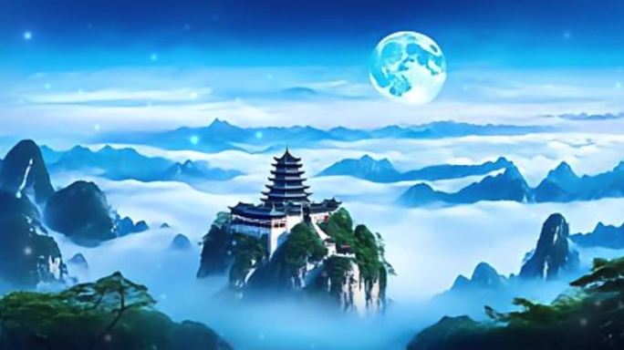 山顶上的中式寺庙圆月