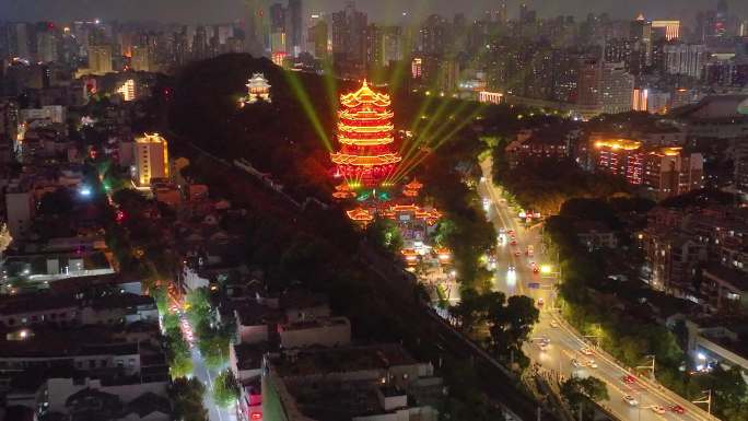 湖北黄鹤楼公园武汉长江大桥夜晚夜景航拍车