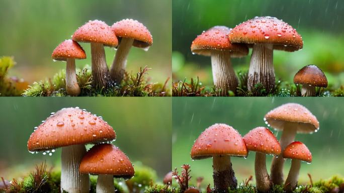 唯美清新细雨中的蘑菇野生菌特写