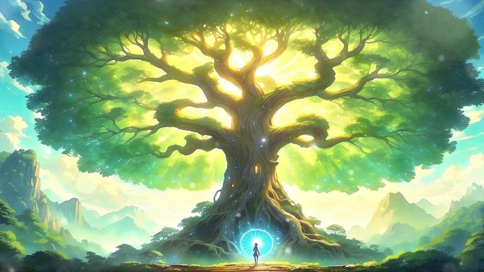 4K卡通油画动画动漫生命之树希望大树背景