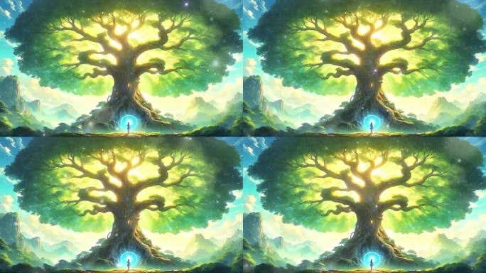 4K卡通油画动画动漫生命之树希望大树背景