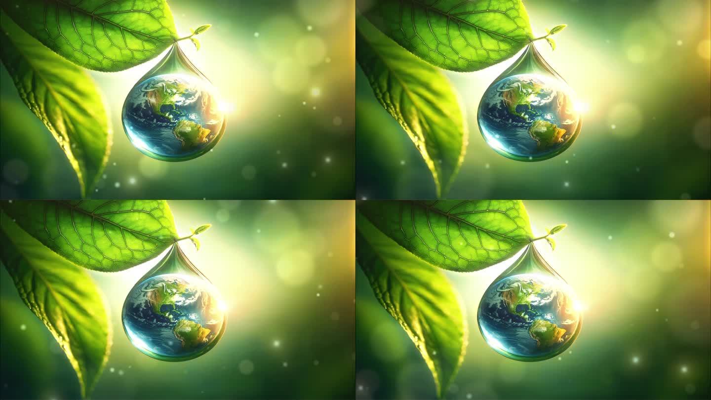 4K卡通动画绿色有机生态地球水滴绿叶背景