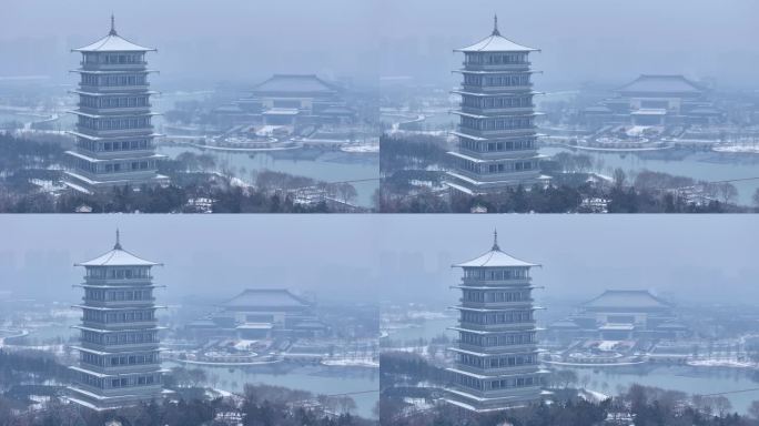 大雪中的西安世博园长安塔航拍