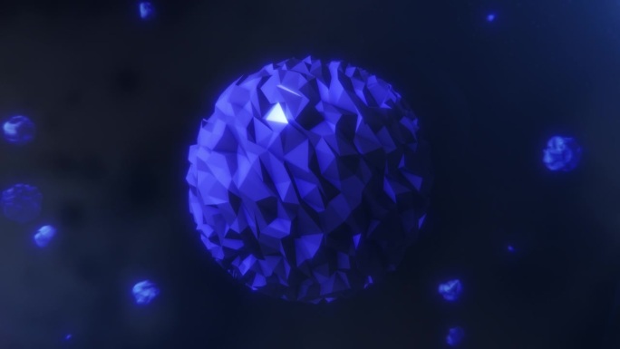 一块紫蓝色的陨石碎片漂浮在太空中，背景是其他粒子。黑色背景中闪亮旋转的金属花岗岩球体。