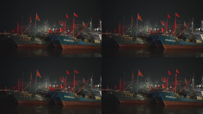 渔船夜晚夜景浙江宁波象山石浦镇渔村