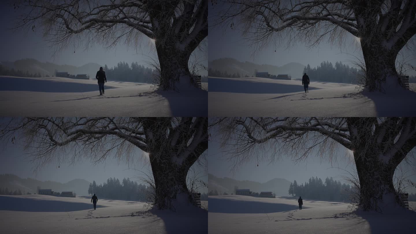男人走在深雪中看着一棵树
