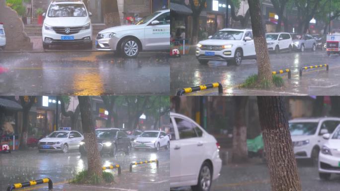 城市下暴雨下雨天雨季汽车人流街道街头街景