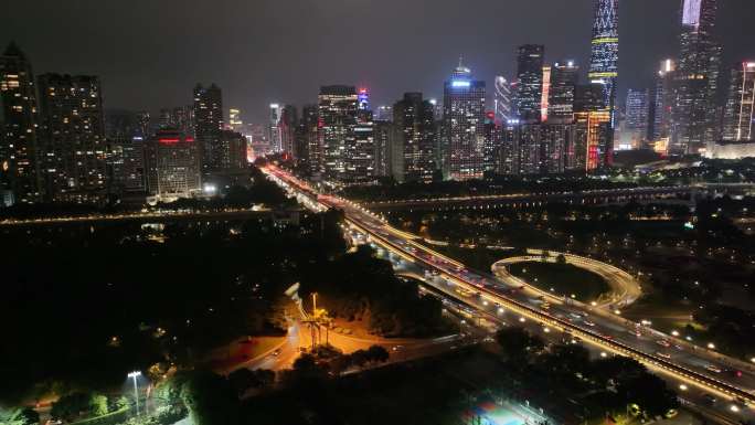 广州大桥海心桥夜景航拍车流交通广州大道夜