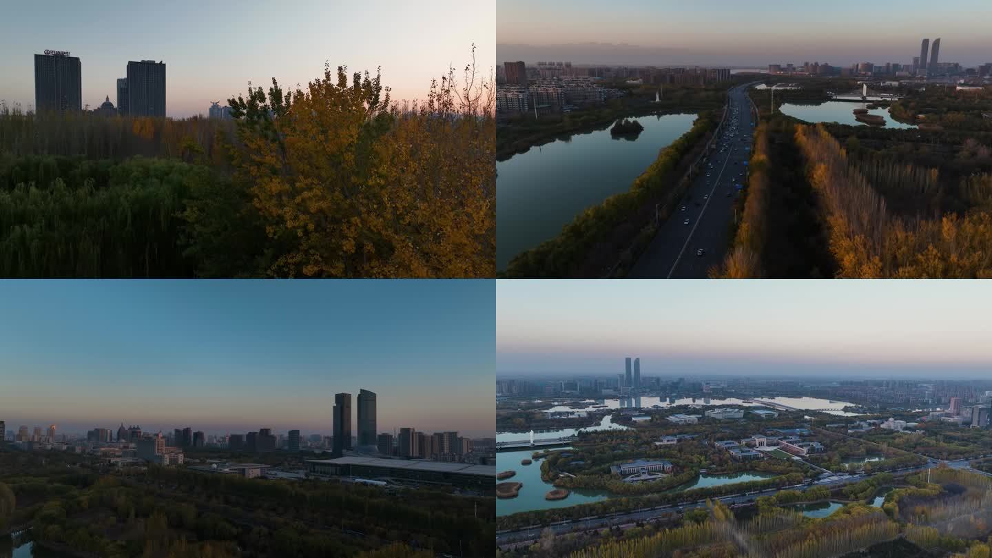 银川城市航拍  划船 太阳落山