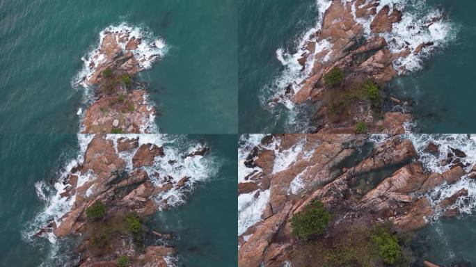海浪冲击岛屿礁石俯视航拍