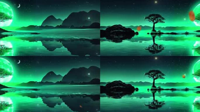 圆月下的树木概念视频素材背景