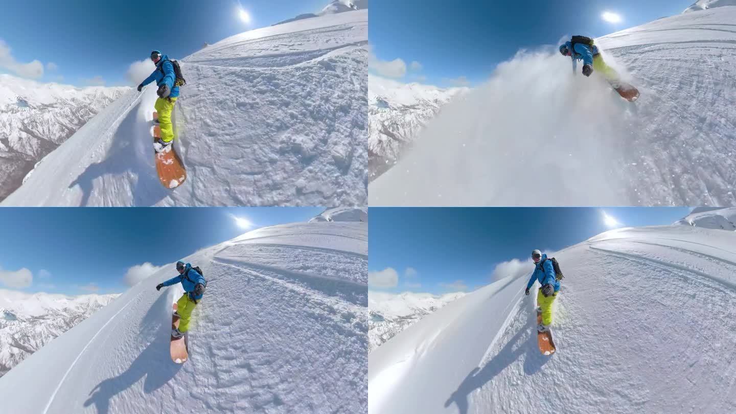 自拍，镜头光晕:有冒险精神的滑雪者在未被追踪的斜坡上骑着新鲜的雪