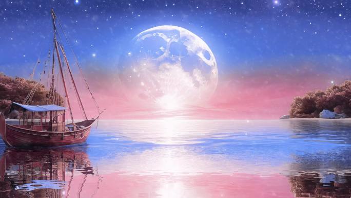 粉雪圆月下的船只背景