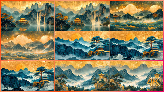 高贵金箔山水画 中国风鎏金风光 烫金画