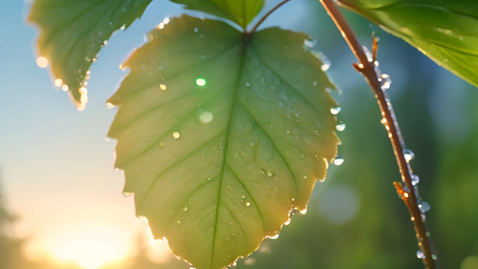 春天春雨清新清晨阳光露水树叶唯美植物特写