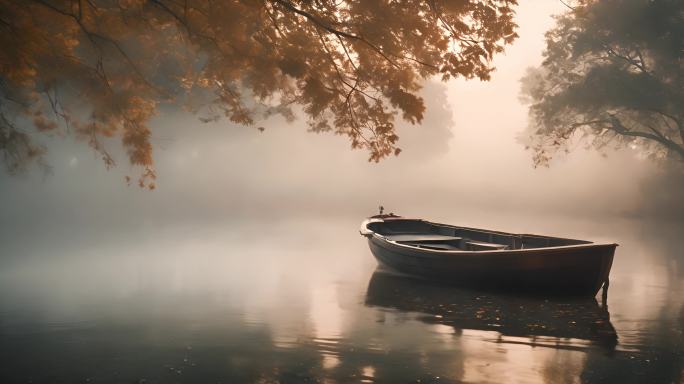 薄雾湖面的小木船