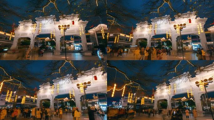 广西柳州游客人群-窑埠古镇牌坊夜景延时