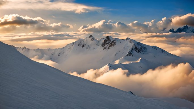 雪山云雾森林阳光树林远山峰大自然生态风景