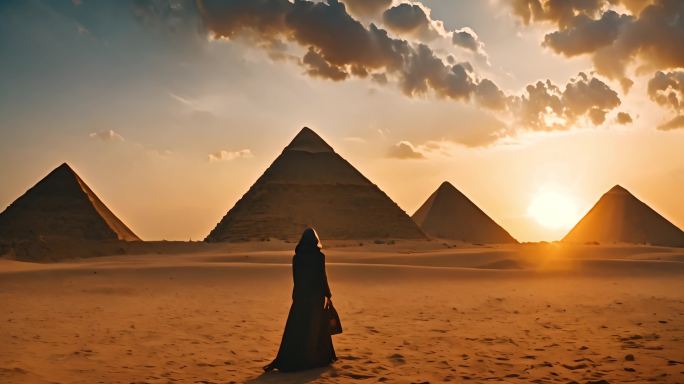 金字塔和黑袍妇女