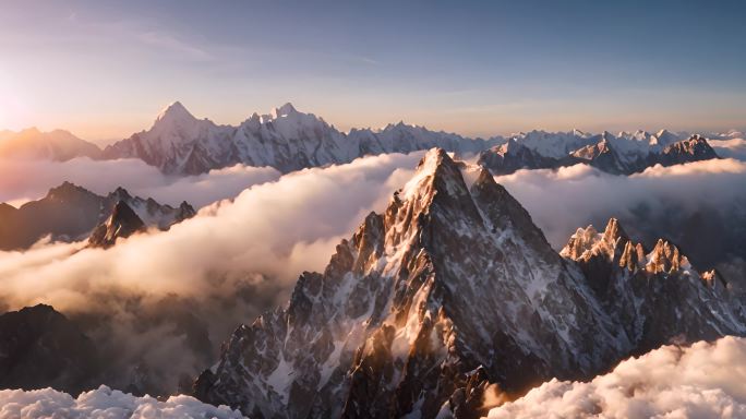 雪山云雾森林阳光树林远山峰大自然生态风景