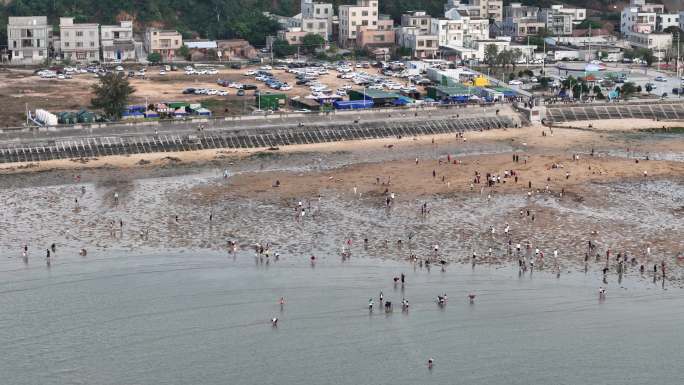 湛江平安广场赶海航拍素材