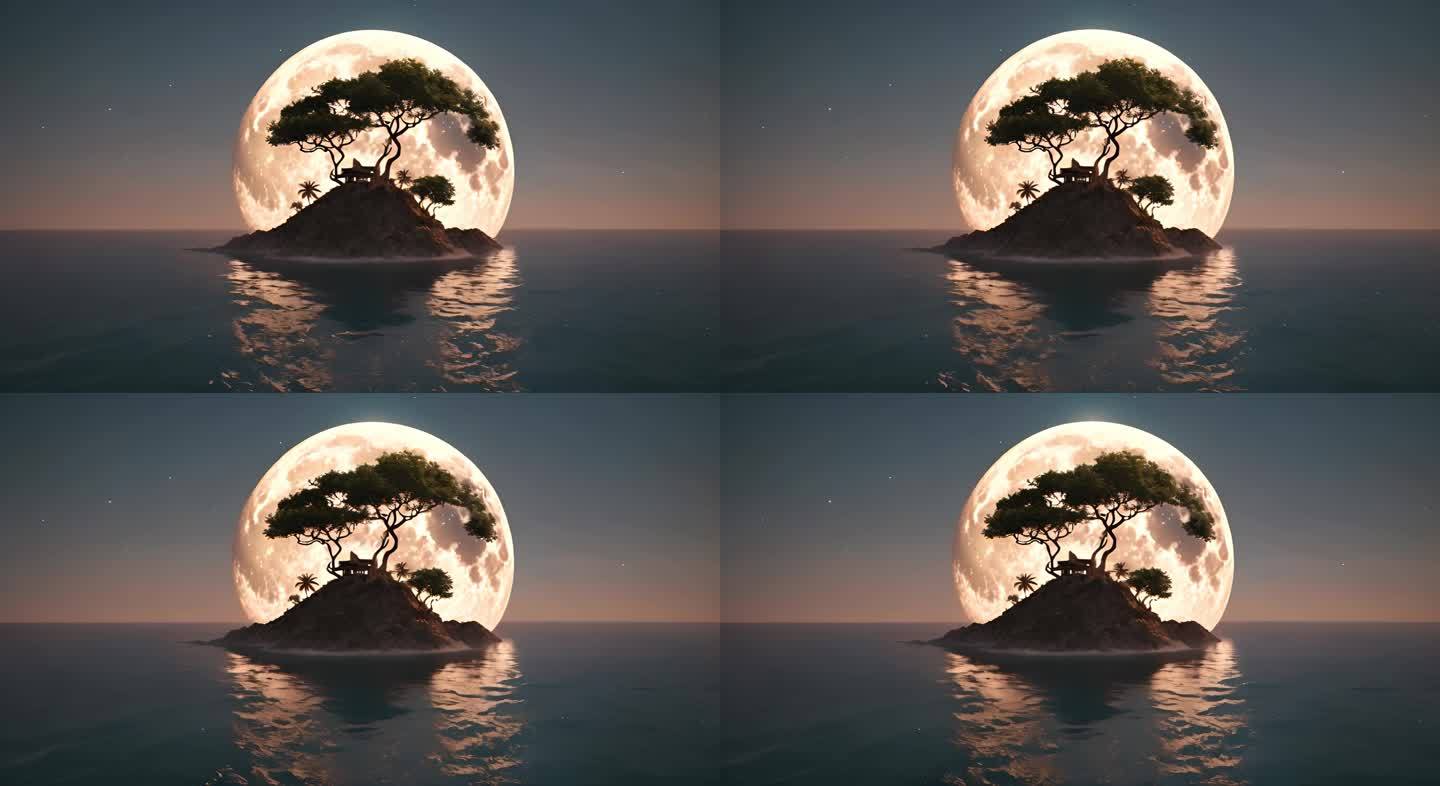 意境-孤岛圆月