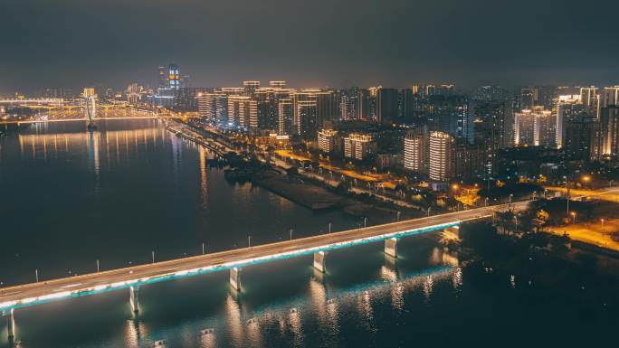 柳州河东大桥与沿江建筑群夜景航拍延时