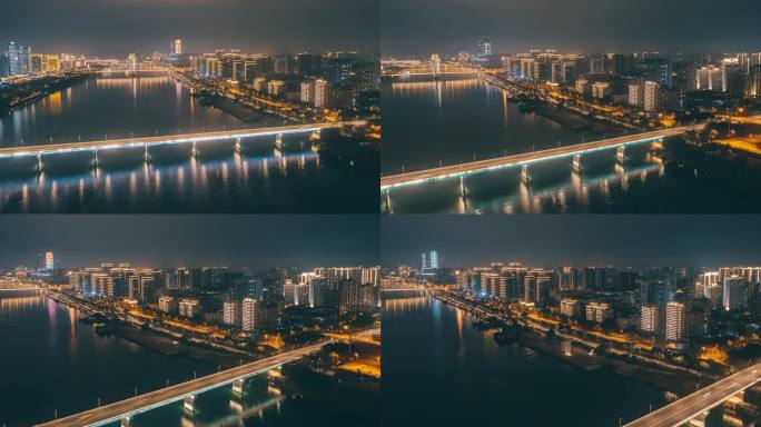 柳州河东大桥与沿江建筑群夜景航拍延时
