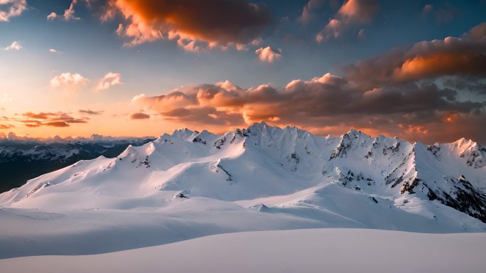 雪山云雾森林阳光树林远山峰大自然生态风景