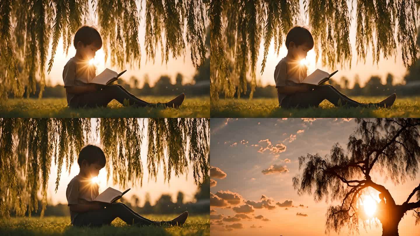 小孩读书  夕阳 剪影