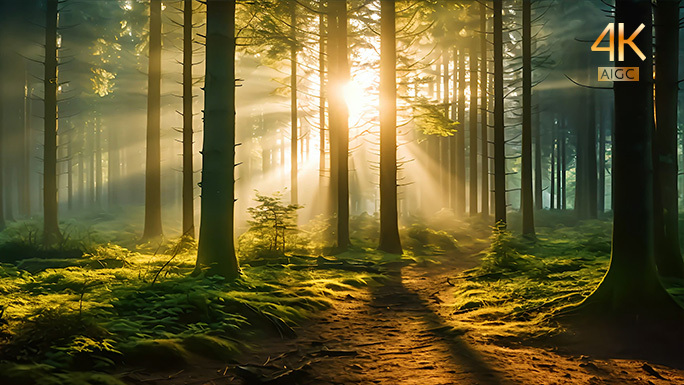 日落黄昏的森林唯美光影 逆光树林迷人光线
