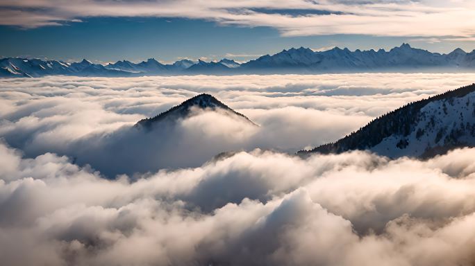 雪山云雾森林阳光树林远山峰大自然生态风景